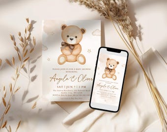 EDITABLE Beige Teddy Bear Balloon We Can Bearly Wait Baby Shower Invitation Gender Reveal Invitation Template Brown Teddy Bear and Balloons