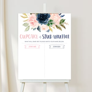 Cupcake or Stud Muffin Gender Reveal Cupcake or Stud Muffin Guessing Game Navy and Blush Gender Reveal Voting Banner Boy or Girl Guess