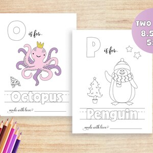 K&ouml;nnte beinhalten: Zwei druckbare Malvorlagen mit den Buchstaben O und P, mit Illustrationen von einem Oktopus und einem Pinguin. Die Seiten enthalten den Text "O ist f&uuml;r... Oktopus" und "P ist f&uuml;r... Pinguin".