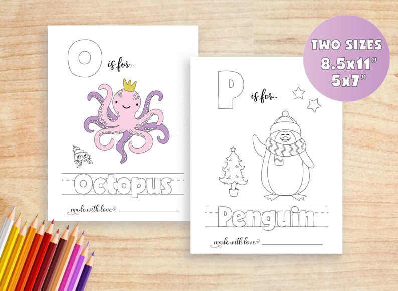 K&ouml;nnte beinhalten: Zwei druckbare Malvorlagen mit den Buchstaben O und P, mit Illustrationen von einem Oktopus und einem Pinguin. Die Seiten enthalten den Text "O ist f&uuml;r... Oktopus" und "P ist f&uuml;r... Pinguin".