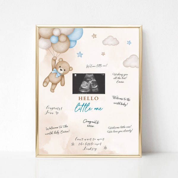 Ultrasound Photo Baby Sign Blue Teddy Bear Baby Shower Guest Book Alternative Sonogram Photo Sign for Baby Boy