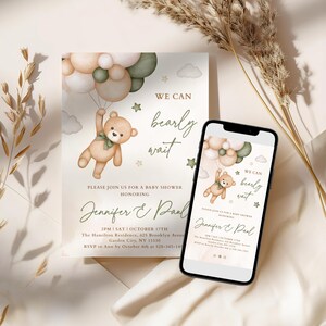 EDITABLE Green Teddy Bear Invitation Set Baby Shower, Digital Invitation, Diaper Raffle Ticket, Books for the Baby Ticket and Thank You Card image 2