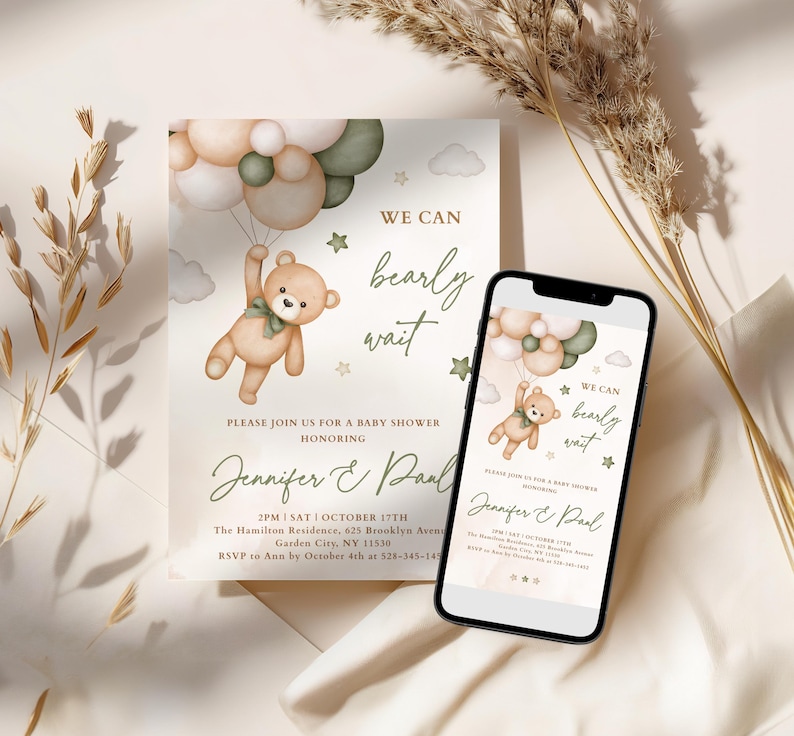 EDITABLE Green Teddy Bear Invitation Set Baby Shower, Digital Invitation, Diaper Raffle Ticket, Books for the Baby Ticket and Thank You Card image 2