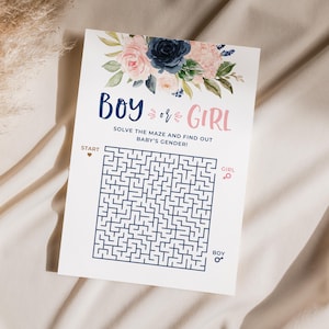 Boy or Girl Gender Reveal Maze Game He or She Labyrinth Game Navy and Blush Gender Reveal Printable Game