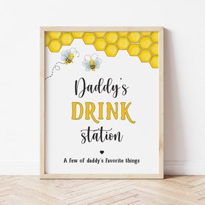 Daddy&#39;s Drink Station Printable Sign, Bee Gender Reveal Drinks Station, Bee Theme Baby Shower Open Bar Sign