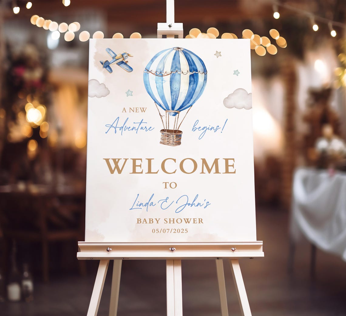 Hot Air Balloon Welcome to Baby Shower Banner, Travel Airplane and ...