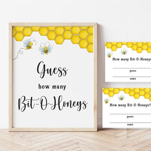 Indovina quanti bit-o-mieli segno e carte, Bee Gender Reveal Party, quanti guessing game, giallo e nero genere reveal game