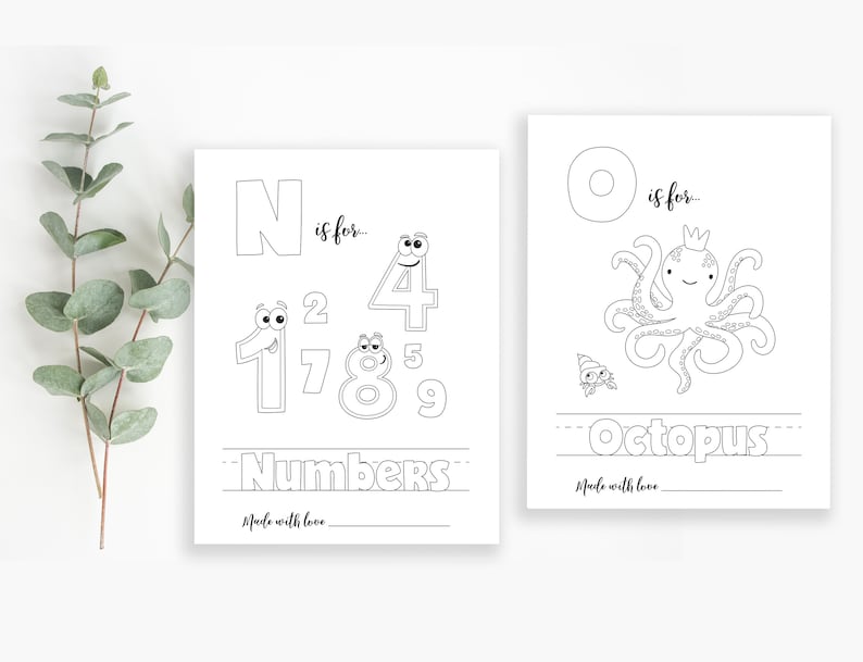 May include: Black and white printable coloring page featuring the letter N and the word "Numbers" with a cartoon illustration of the numbers 1, 2, 4, 5, 7, 8, and 9. The letter O and the word "Octopus" are also featured with a cartoon illustration of an octopus.