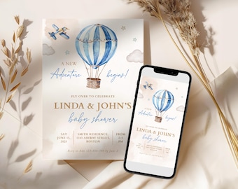 Hot Air Balloon and Airplane Baby Shower Invitation, Travel Baby Shower Invitation Template, Adventure Awaits