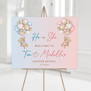 Op de afbeelding: Een gender reveal party bord met een blauwe en roze gradi&euml;nt achtergrond. Twee teddyberen houden ballonnen vast, een blauwe en een roze. Op het bord staat "He or She Welcome to Tom & Michelle's Gender Reveal 25.10.2022".