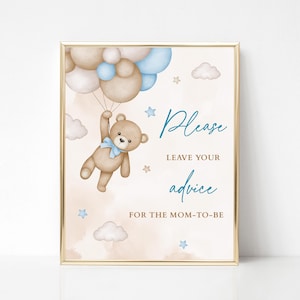 Lascia i tuoi consigli per la futura mamma, cartello e biglietti, consigli per il baby shower dell'orsacchiotto blu, parole di saggezza per il baby shower del bambino