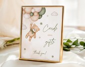 Sage Green Bear Cards and Gifts Baby Shower Table Sign, We Can Bearly Wait Gender Neutral Printable Sign, Gender Reveal Green Beige Bear