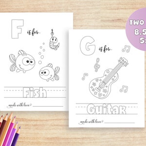 K&ouml;nnte beinhalten: Zwei schwarz-wei&szlig;e druckbare Malvorlagen f&uuml;r Kinder. Die erste Seite zeigt den Buchstaben F und einen Fisch. Die zweite Seite zeigt den Buchstaben G und eine Gitarre. Beide Seiten enthalten den Text "ist f&uuml;r..." und "mit Liebe gemacht?"