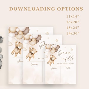 May include: A gender reveal party invitation featuring a brown teddy bear holding balloons. The invitation asks "Boy or Girl?" and provides space for guests to write their predictions. The invitation is available in a range of sizes, including 11x14 inches, 16x20 inches, 18x24 inches, and 24x36 inches.