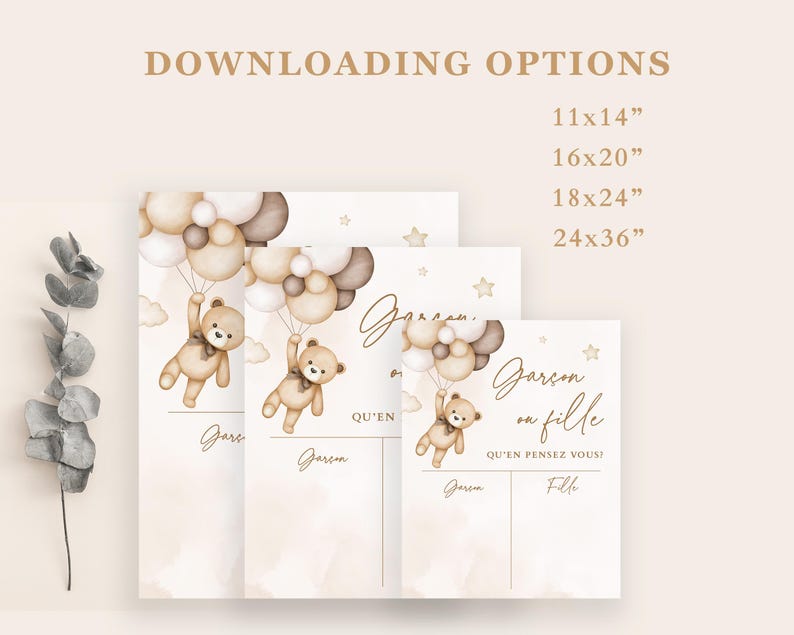 May include: A gender reveal party invitation featuring a brown teddy bear holding balloons. The invitation asks "Boy or Girl?" and provides space for guests to write their predictions. The invitation is available in a range of sizes, including 11x14 inches, 16x20 inches, 18x24 inches, and 24x36 inches.