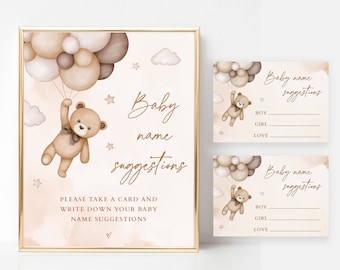 Gender Neutral Teddy Bear Baby Shower Baby Name Suggestions, Gender Reveal We Can Bearly Wait Printable Baby Name Cards