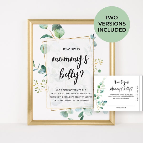 How Big is Mommy's Belly Sign, Greenery Baby Shower, How Big is Mommy's Tummy Game, Rustic Eucalyptus Theme Baby Shower, Printable Decor