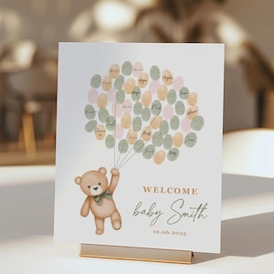 EDITABLE Ours en peluche vert sauge empreinte de pouce livre d'or empreinte digitale alternative livre d'or baby shower que nous pouvons attendre, empreinte digitale d'anniversaire