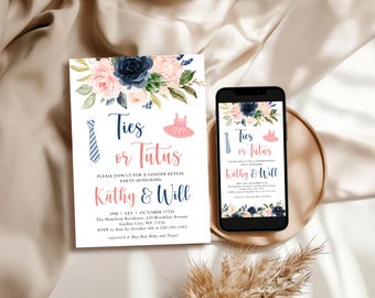 Gravatas ou tutus para convite de revelação de gênero, azul marinho e blush, modelo de convite editável, gravatas e tutus