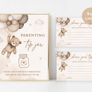 Ouderschap Tip Jar teken en advieskaart voor de toekomstige ouders, beige teddybeer baby shower spel afdrukbaar, baby shower advieskaarten afbeelding 2