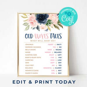 Editable Old Wives Tales Sign Navy and Blush Gender Reveal Old Wives Tales Printable Banner
