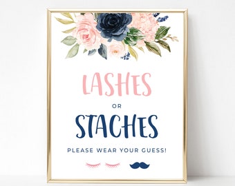 Lashes or Staches Gender Reveal Stache or Lash Gender Reveal Sign Navy and Pink Gender Reveal Party