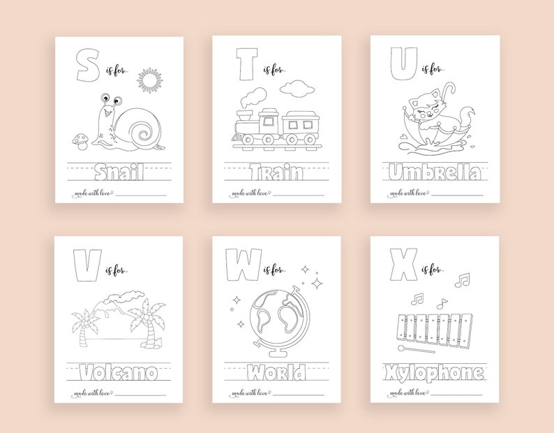 May include: Black and white printable alphabet flash cards featuring illustrations of a snail, train, umbrella, volcano, world, and xylophone. Each card has a letter, the word "is for", and the name of the object.
