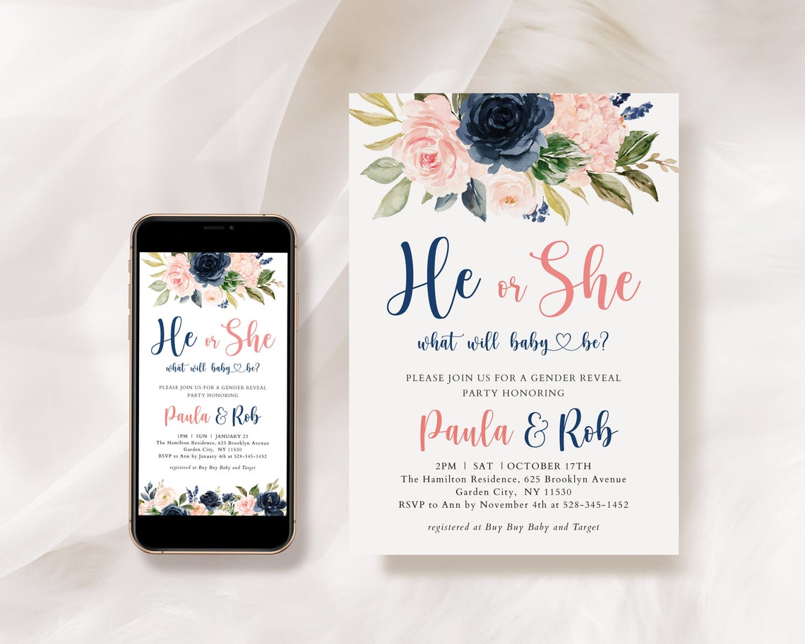 He or She Gender Reveal Invitation Navy and Blush Editable - Etsy