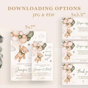 EDITABLE Green Teddy Bear Invitation Set Baby Shower, Digital Invitation, Diaper Raffle Ticket, Books for the Baby Ticket and Thank You Card image 4