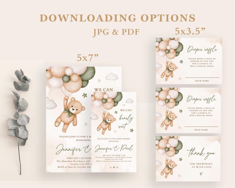 EDITABLE Green Teddy Bear Invitation Set Baby Shower, Digital Invitation, Diaper Raffle Ticket, Books for the Baby Ticket and Thank You Card image 4