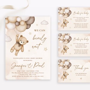 Ensemble de faire-part pour baby shower beige ours en peluche, faire-part et cartes modifiables Nous pouvons attendre longtemps, faire-part non sexiste et billets pour les couches