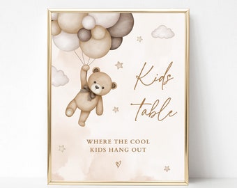Kids Table Beige Teddy Bear Themed Baby Shower, Printable Kids Table Sign, Gender Neutral Baby Shower Decoration Brown Bear and Balloons