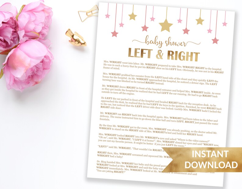 Left And Right Baby Shower Game Printable Pink And Gold Left Etsy