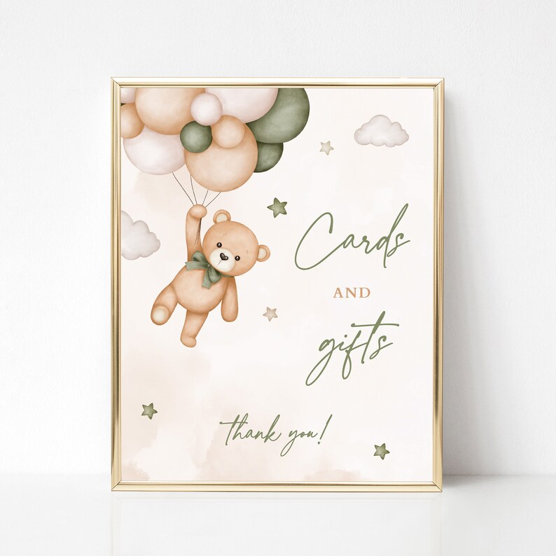 May include: A printable sign with a cute teddy bear holding onto green and pink balloons. The sign says "Cards and gifts" with a thank you at the bottom.