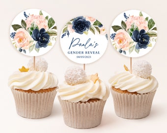 Wydrukowane ozdoby na babeczki w kolorze granatowym i różowym na imprezę ujawniającą płeć dziecka, ozdoby na desery na baby shower, drukowane etykiety na babeczki, babeczki na przyjęcie urodzinowe