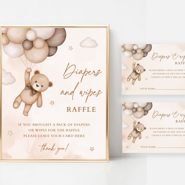 Diapers and Wipes Raffle Sign, Beige Teddy Bear Baby Shower Diaper Raffle, We Can Bearly Wait Gender Neutral Theme