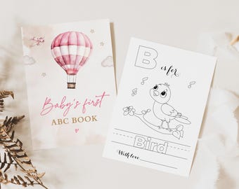 Baby Shower ABC Coloring Book, Pink Hot Air Balloon Travel Baby Shower Theme, Baby's First Alphabet Book, ABC Coloring Book for Baby Girl