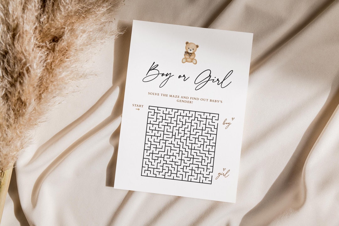 Boy or Girl Maze Game, Minimalistic Baby Shower Maze, Beige Teddy Bear