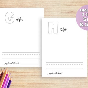 May include: Two printable alphabet letter worksheets, one for the letter G and one for the letter H. Each worksheet features a large letter with a dotted line for tracing and the text "is for..." below. The worksheets are designed for children to practice writing and learning the alphabet.
