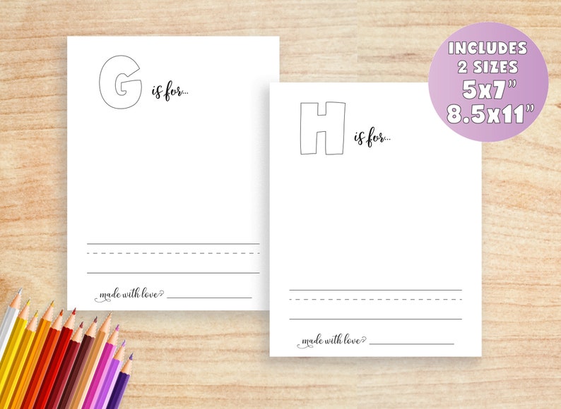 May include: Two printable alphabet letter worksheets, one for the letter G and one for the letter H. Each worksheet features a large letter with a dotted line for tracing and the text "is for..." below. The worksheets are designed for children to practice writing and learning the alphabet.