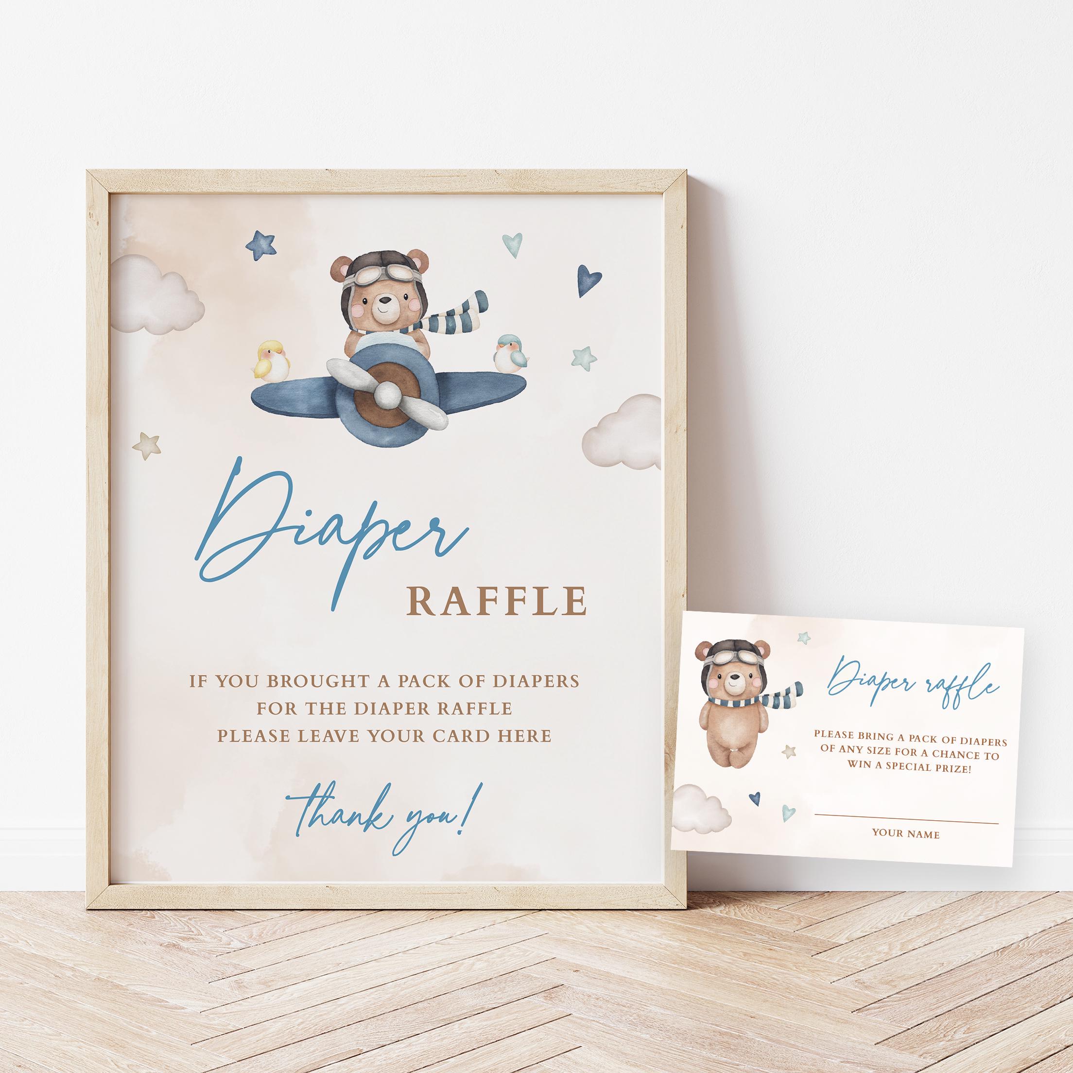 Diaper Raffle Sign and Tickets Airplane Teddy Bear Baby Shower, Travel ...