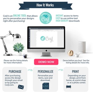 May include: A graphic showing how to use Corjl, an online tool for personalizing designs. The graphic shows a computer screen with the Corjl logo, a lamp, a succulent plant, and a white bird figurine. The graphic also includes text explaining the steps involved in purchasing, personalizing, and printing designs.