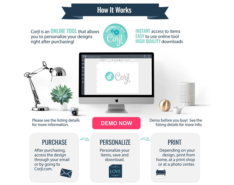 May include: A graphic showing how to use Corjl, an online tool for personalizing designs. The graphic shows a computer screen with the Corjl logo, a lamp, a succulent plant, and a white bird figurine. The graphic also includes text explaining the steps involved in purchasing, personalizing, and printing designs.