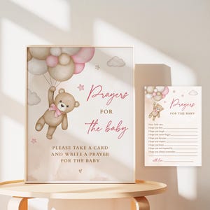 Babyshower roze teddybeer, bord met gebeden en advies, gebeden voor de baby