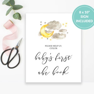 May include: A printable 8x10 inch sign with a watercolour illustration of a crescent moon and clouds. The text reads "Please help us colour baby's first abc book".