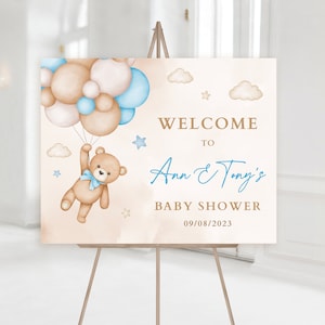 Ours en peluche bleu MODIFIABLE Nous pouvons attendre à peine bannière de bienvenue, ours bleu et ballon bienvenue au signe imprimable de douche de bébé, bébé saupoudré