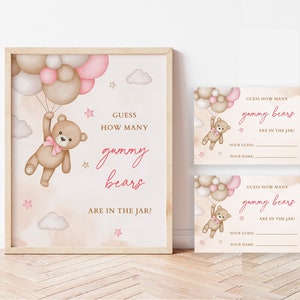 Raten Sie, wie viele Gummibärchen im Glas sind Rosa Teddybär-Baby-Dusche-Spiel, wir können rosa Dekorations-Thema für Baby-Mädchen warten