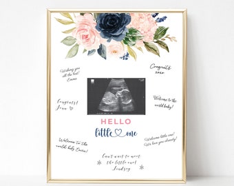 Baby Shower Signature Board, Baby Sonogramm Fotoschild Navy und Blush Gender Reveal Ideen, Ultraschallschild Babyparty Alternative Gästebuch