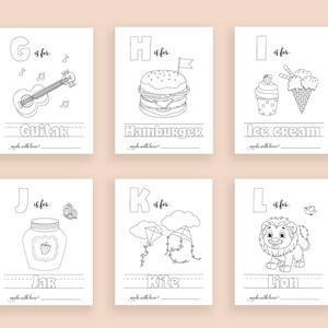 May include: Black and white printable alphabet flashcards for kids featuring illustrations of a guitar, hamburger, ice cream, jar, kite, and lion. Each card has the letter, the word, and a line for writing practice.