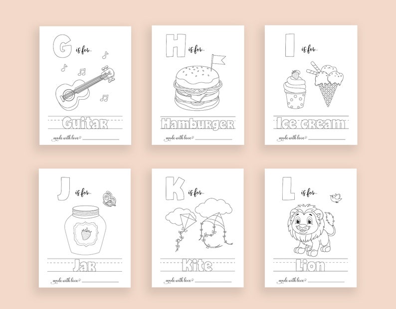 May include: Black and white printable alphabet flashcards for kids featuring illustrations of a guitar, hamburger, ice cream, jar, kite, and lion. Each card has the letter, the word, and a line for writing practice.